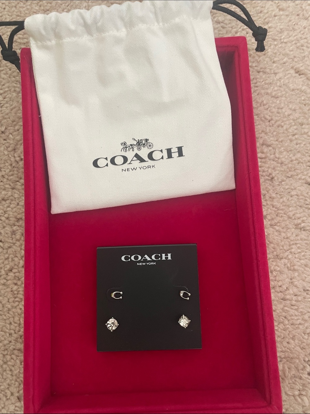 Coach set of silver tone 'C' Logo and Clear Crystal Stud Earrings